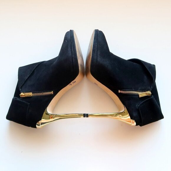 Michael Kors Black Suede Leather Peep Toe Gold Heel Ankle Boots / Booties Sz. 10 - Picture 12 of 16
